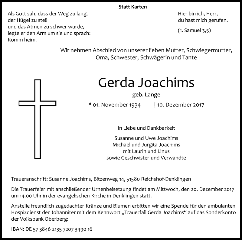  Traueranzeige für Gerda Joachims vom 16.12.2017 aus Kölner Stadt-Anzeiger / Kölnische Rundschau / Express