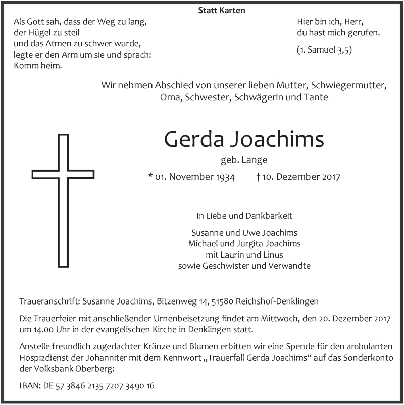  Traueranzeige für Gerda Joachims vom 20.12.2017 aus  Anzeigen Echo  Lokalanzeiger 
