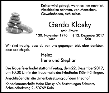 Anzeige von Gerda Klosky von Kölner Stadt-Anzeiger / Kölnische Rundschau / Express