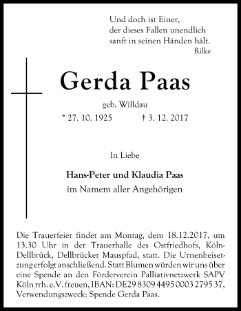 Anzeige von Gerda Paas von Kölner Stadt-Anzeiger / Kölnische Rundschau / Express
