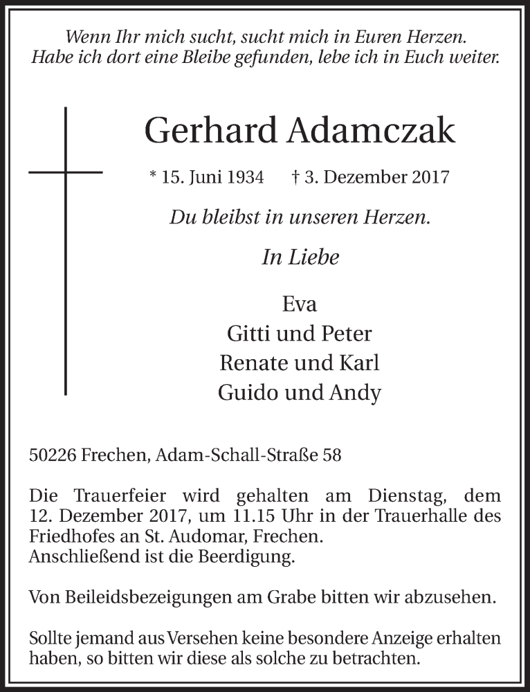  Traueranzeige für Gerhard Adamczak vom 09.12.2017 aus  Sonntags-Post 