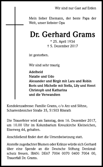 Anzeige von Gerhard Grams von Kölner Stadt-Anzeiger / Kölnische Rundschau / Express
