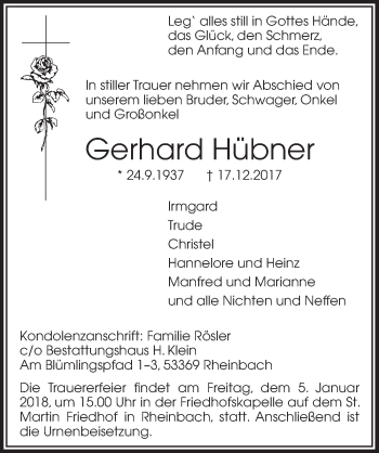 Anzeige von Gerhard Hübner von  Schaufenster/Blickpunkt 
