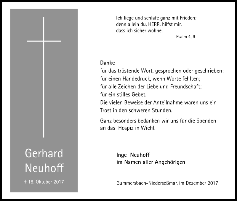  Traueranzeige für Gerhard Neuhoff vom 30.12.2017 aus Kölner Stadt-Anzeiger / Kölnische Rundschau / Express