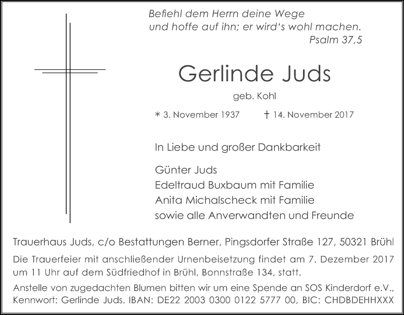  Traueranzeige für Gerlinde Juds vom 02.12.2017 aus Kölner Stadt-Anzeiger / Kölnische Rundschau / Express