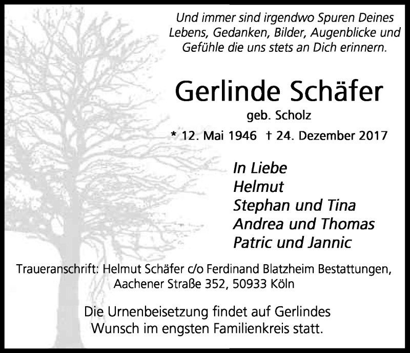  Traueranzeige für Gerlinde Schäfer vom 30.12.2017 aus Kölner Stadt-Anzeiger / Kölnische Rundschau / Express