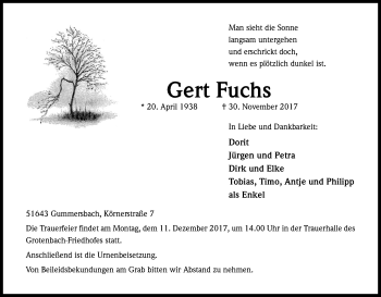 Anzeige von Gert Fuchs von Kölner Stadt-Anzeiger / Kölnische Rundschau / Express