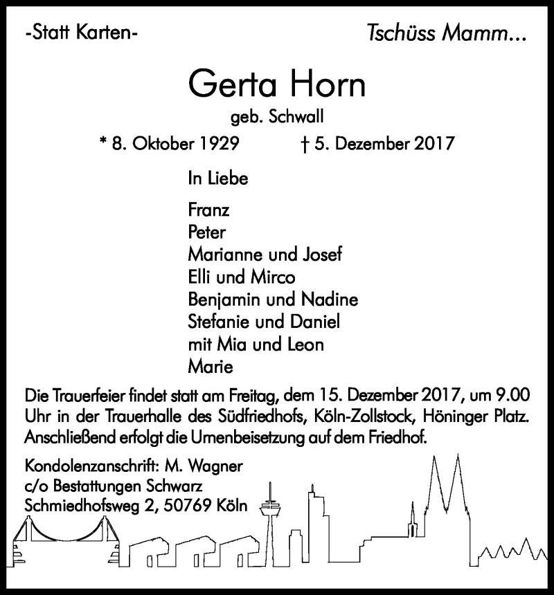  Traueranzeige für Gerta Horn vom 09.12.2017 aus Kölner Stadt-Anzeiger / Kölnische Rundschau / Express