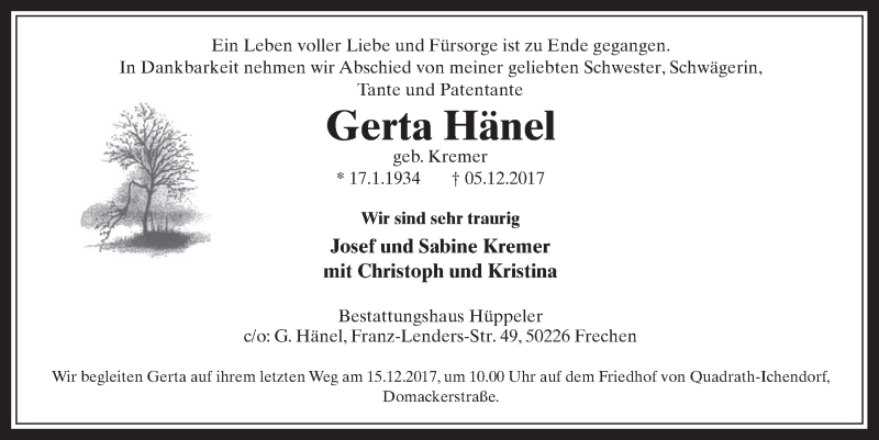  Traueranzeige für Gerta Hänel vom 13.12.2017 aus  Werbepost 