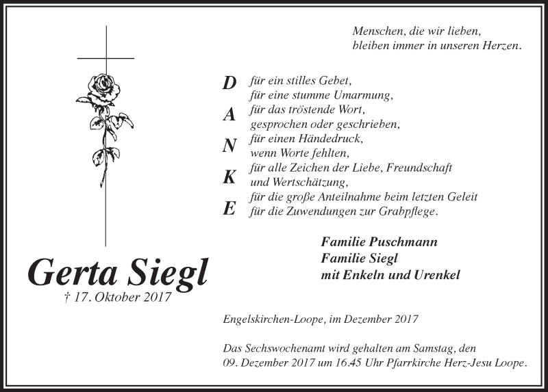  Traueranzeige für Gerta Siegl vom 06.12.2017 aus  Anzeigen Echo 