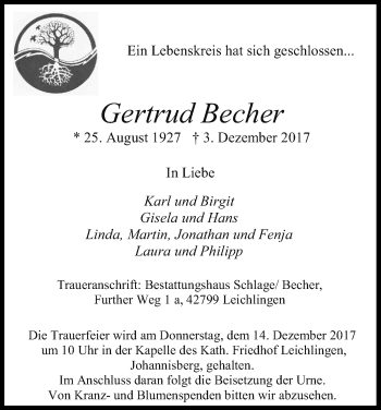 Anzeige von Gertrud Becher von Kölner Stadt-Anzeiger / Kölnische Rundschau / Express