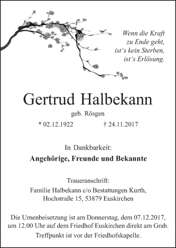 Anzeige von Gertrud Halbekann von  Blickpunkt Euskirchen 