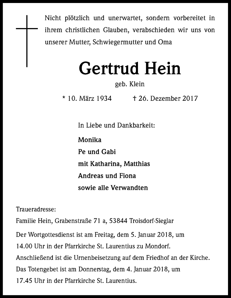  Traueranzeige für Gertrud Hein vom 30.12.2017 aus Kölner Stadt-Anzeiger / Kölnische Rundschau / Express