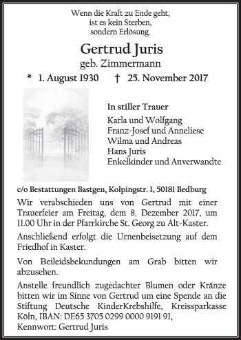 Anzeige von Gertrud Juris von  Sonntags-Post 