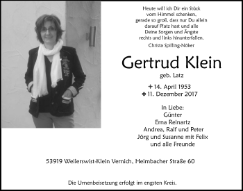 Anzeige von Gertrud Klein von  Blickpunkt Euskirchen 
