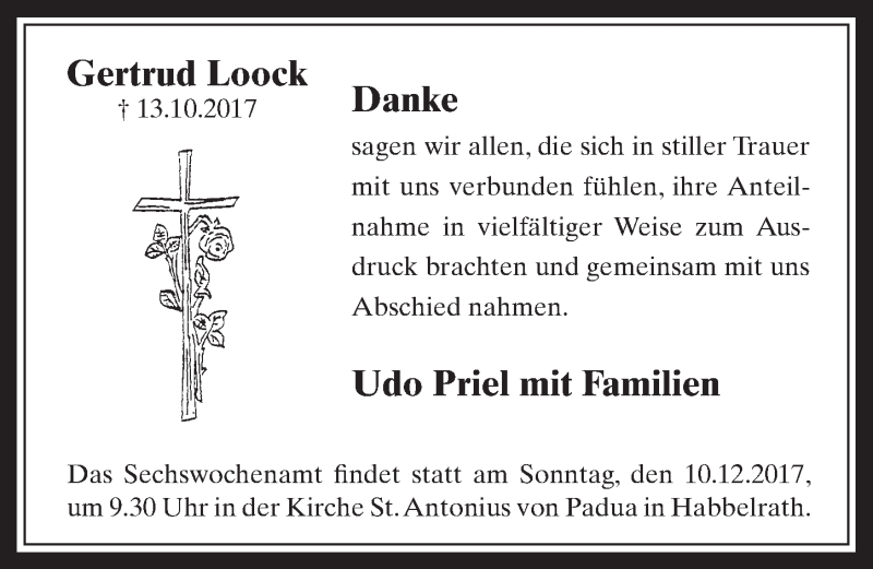 Traueranzeige für Gertrud Loock vom 09.12.2017 aus  Sonntags-Post 