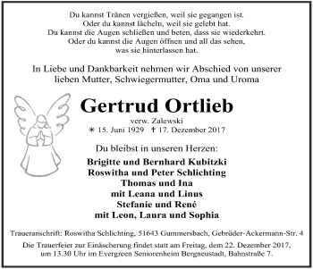 Anzeige von Gertrud Ortlieb von  Anzeigen Echo 