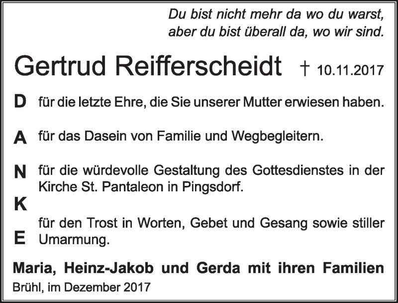  Traueranzeige für Gertrud Reifferscheidt vom 20.12.2017 aus  Schlossbote/Werbekurier 