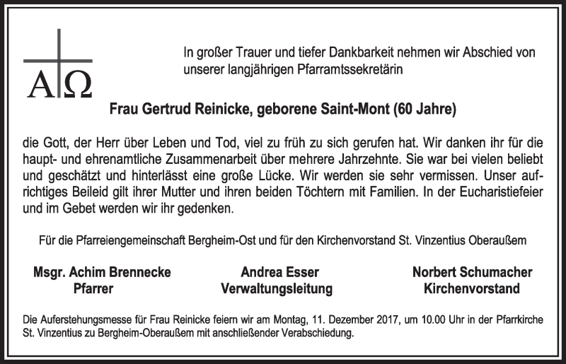  Traueranzeige für Gertrud Reinicke vom 09.12.2017 aus  Sonntags-Post 