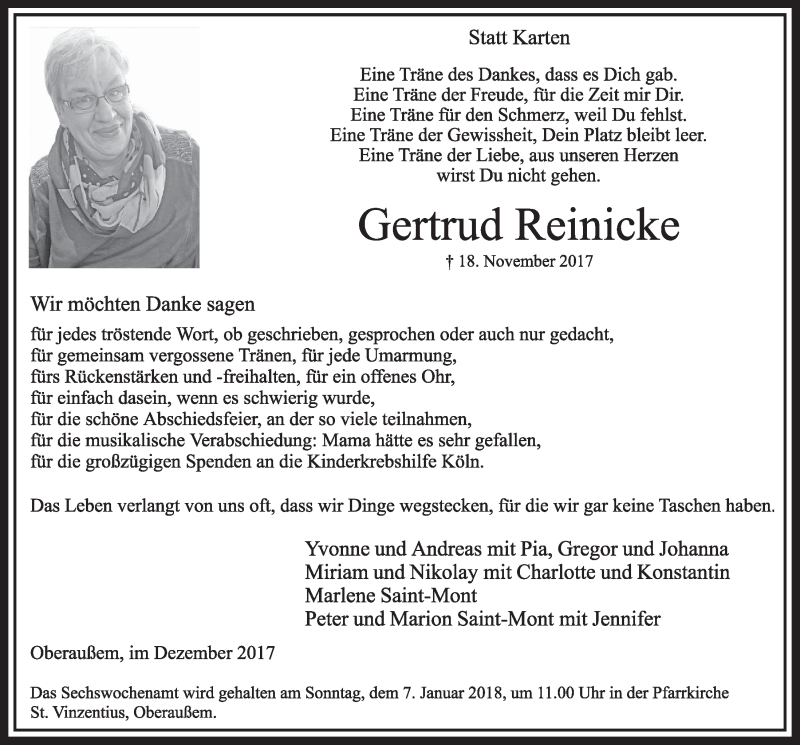  Traueranzeige für Gertrud Reinicke vom 23.12.2017 aus  Sonntags-Post 
