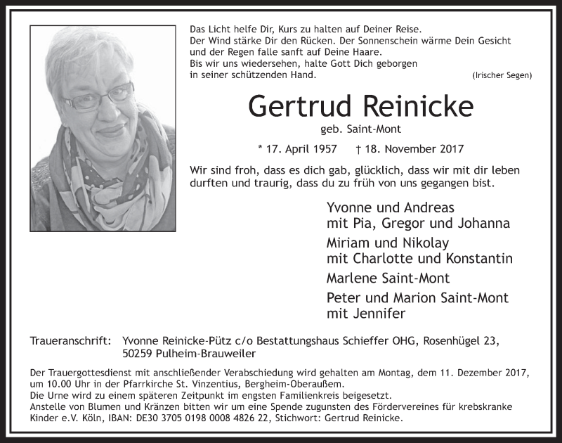  Traueranzeige für Gertrud Reinicke vom 02.12.2017 aus  Sonntags-Post 