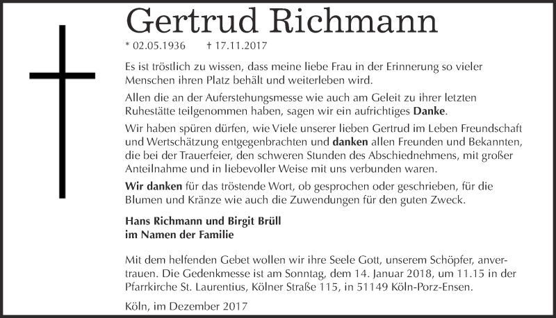  Traueranzeige für Gertrud Richmann vom 28.12.2017 aus  Kölner Wochenspiegel 
