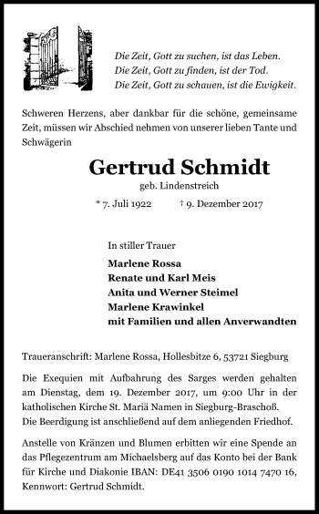 Anzeige von Gertrud Schmidt von Kölner Stadt-Anzeiger / Kölnische Rundschau / Express