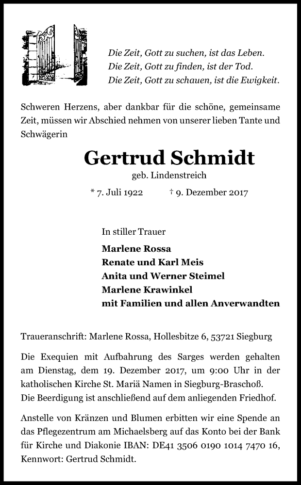  Traueranzeige für Gertrud Schmidt vom 13.12.2017 aus Kölner Stadt-Anzeiger / Kölnische Rundschau / Express