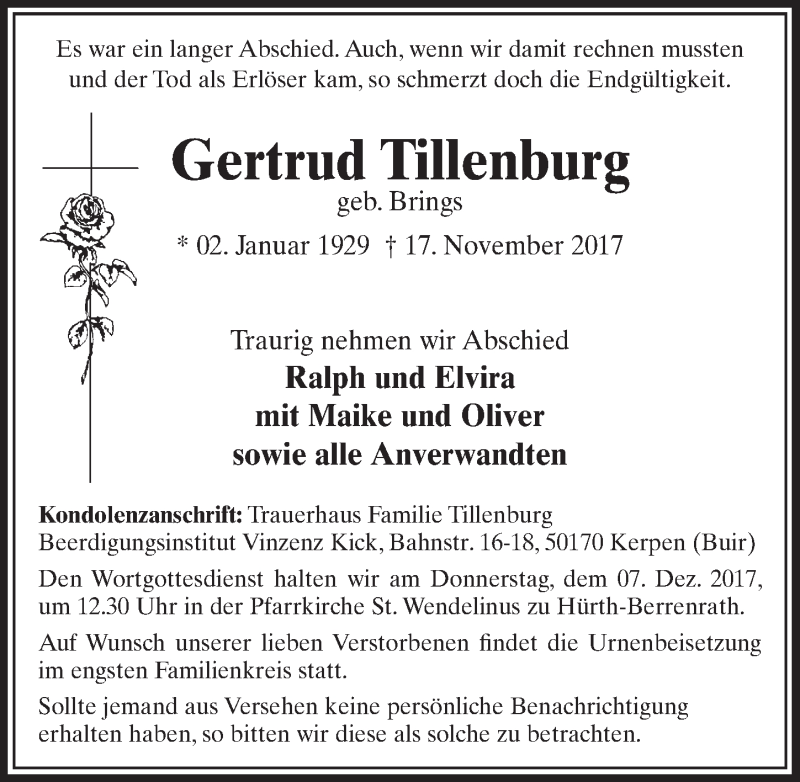  Traueranzeige für Gertrud Tillenburg vom 02.12.2017 aus  Sonntags-Post 