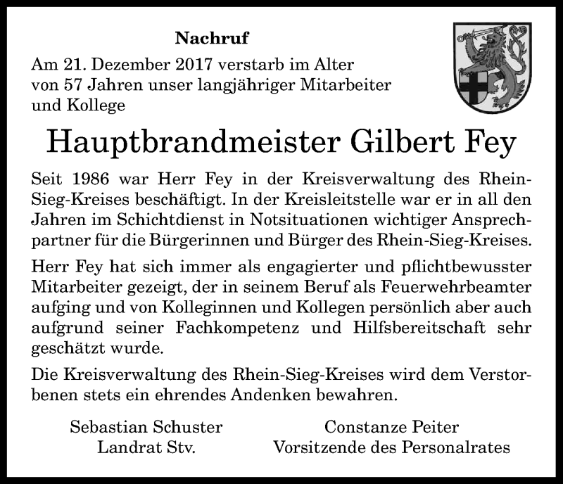  Traueranzeige für Gilbert Fey vom 30.12.2017 aus Kölner Stadt-Anzeiger / Kölnische Rundschau / Express