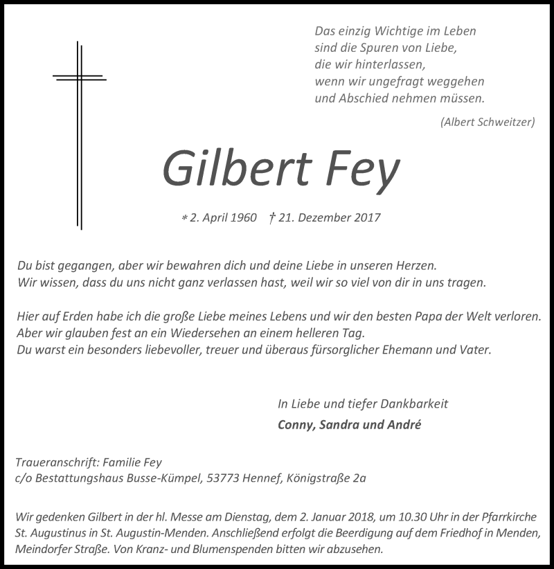 Traueranzeige für Gilbert Fey vom 28.12.2017 aus Kölner Stadt-Anzeiger / Kölnische Rundschau / Express