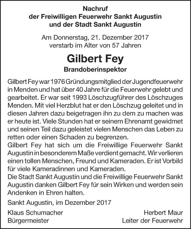  Traueranzeige für Gilbert Fey vom 30.12.2017 aus  Rhein-Sieg-Wochenende 