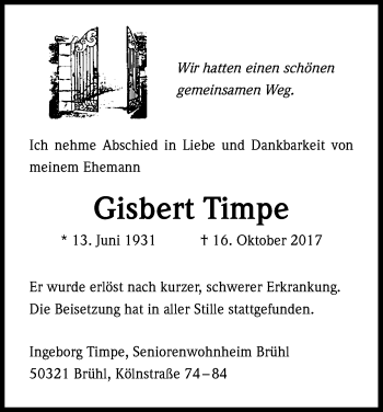 Anzeige von Gisbert Timpe von Kölner Stadt-Anzeiger / Kölnische Rundschau / Express