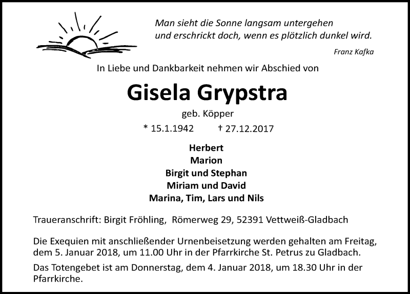  Traueranzeige für Gisela Grypstra vom 30.12.2017 aus  Blickpunkt Euskirchen 