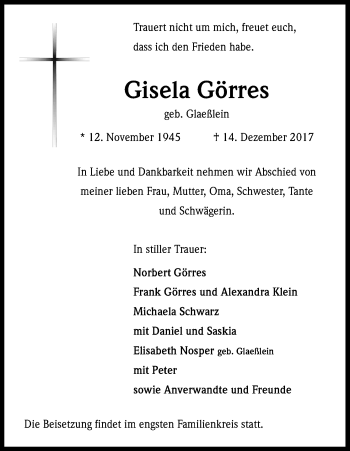 Anzeige von Gisela Görres von Kölner Stadt-Anzeiger / Kölnische Rundschau / Express