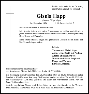 Anzeige von Gisela Happ von Kölner Stadt-Anzeiger / Kölnische Rundschau / Express
