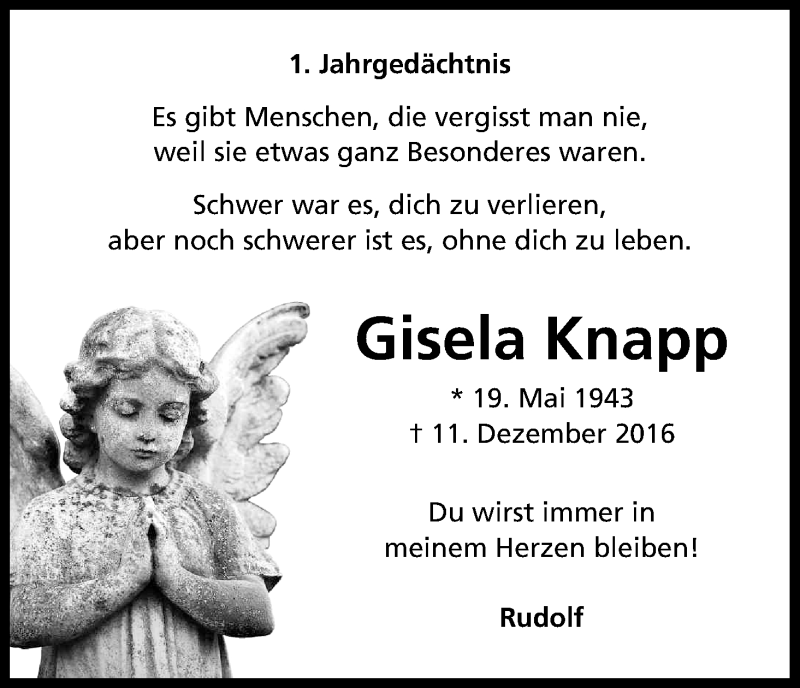  Traueranzeige für Gisela Knapp vom 11.12.2017 aus Kölner Stadt-Anzeiger / Kölnische Rundschau / Express