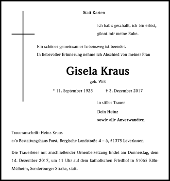 Anzeige von Gisela Kraus von Kölner Stadt-Anzeiger / Kölnische Rundschau / Express