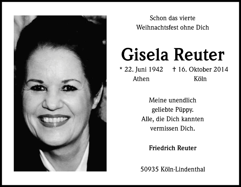  Traueranzeige für Gisela Reuter vom 23.12.2017 aus Kölner Stadt-Anzeiger / Kölnische Rundschau / Express
