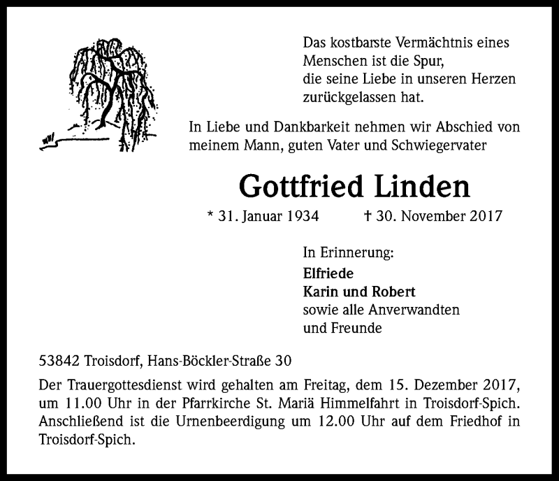  Traueranzeige für Gottfried Linden vom 09.12.2017 aus Kölner Stadt-Anzeiger / Kölnische Rundschau / Express