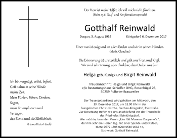 Anzeige von Gotthalf Reinwald von Kölner Stadt-Anzeiger / Kölnische Rundschau / Express