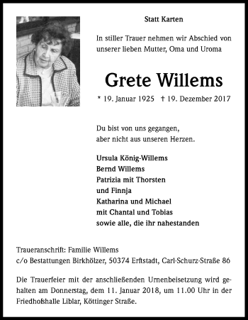 Anzeige von Grete Willems von Kölner Stadt-Anzeiger / Kölnische Rundschau / Express