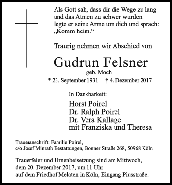 Anzeige von Gudrun Felsner von Kölner Stadt-Anzeiger / Kölnische Rundschau / Express