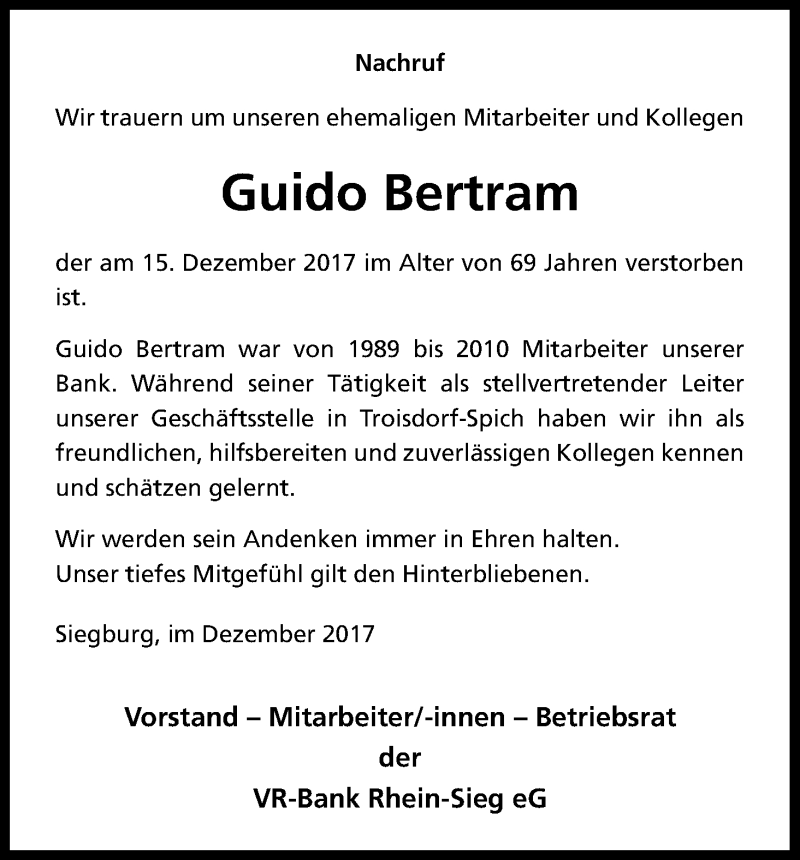  Traueranzeige für Guido Bertram vom 23.12.2017 aus Kölner Stadt-Anzeiger / Kölnische Rundschau / Express