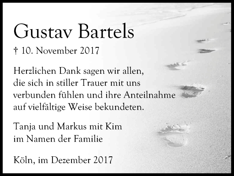  Traueranzeige für Gustav Bartels vom 23.12.2017 aus Kölner Stadt-Anzeiger / Kölnische Rundschau / Express