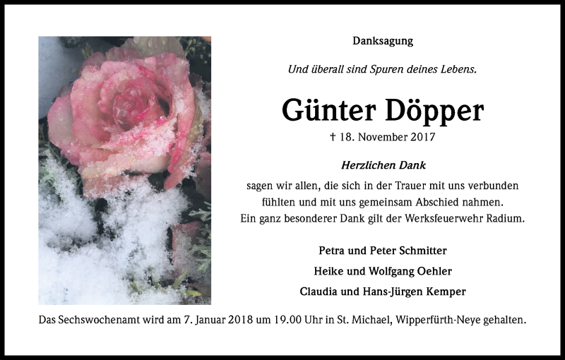  Traueranzeige für Günter Döpper vom 30.12.2017 aus Kölner Stadt-Anzeiger / Kölnische Rundschau / Express