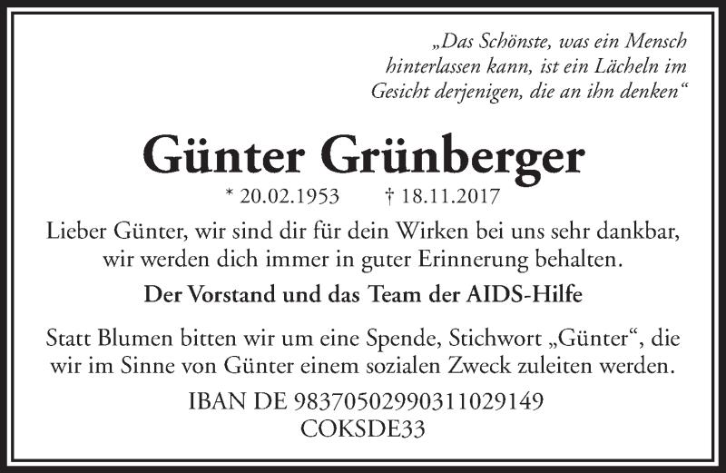  Traueranzeige für Günter Grünberger vom 02.12.2017 aus  Bergisches Sonntagsblatt 
