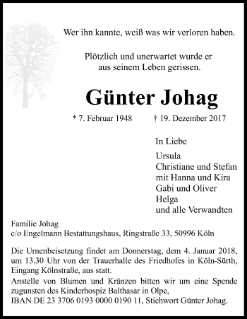 Anzeige von Günter Johag von Kölner Stadt-Anzeiger / Kölnische Rundschau / Express