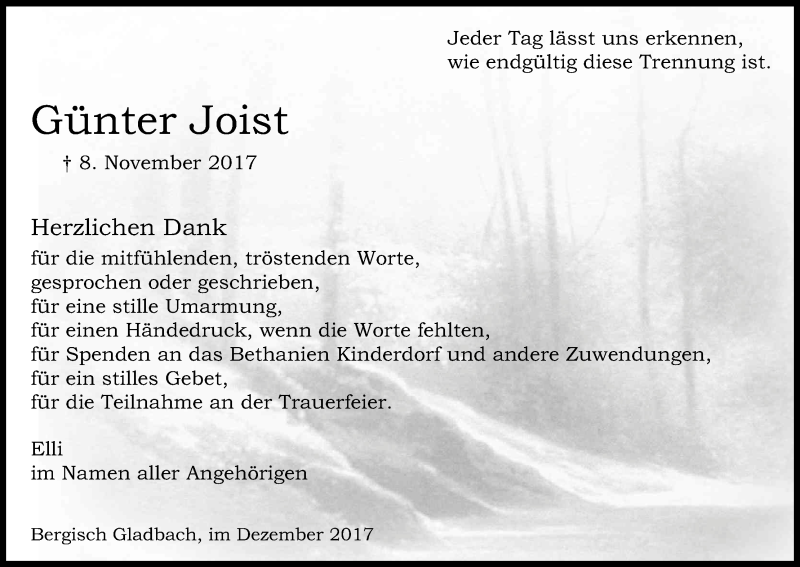 Traueranzeige für Günter Joist vom 20.12.2017 aus Kölner Stadt-Anzeiger / Kölnische Rundschau / Express