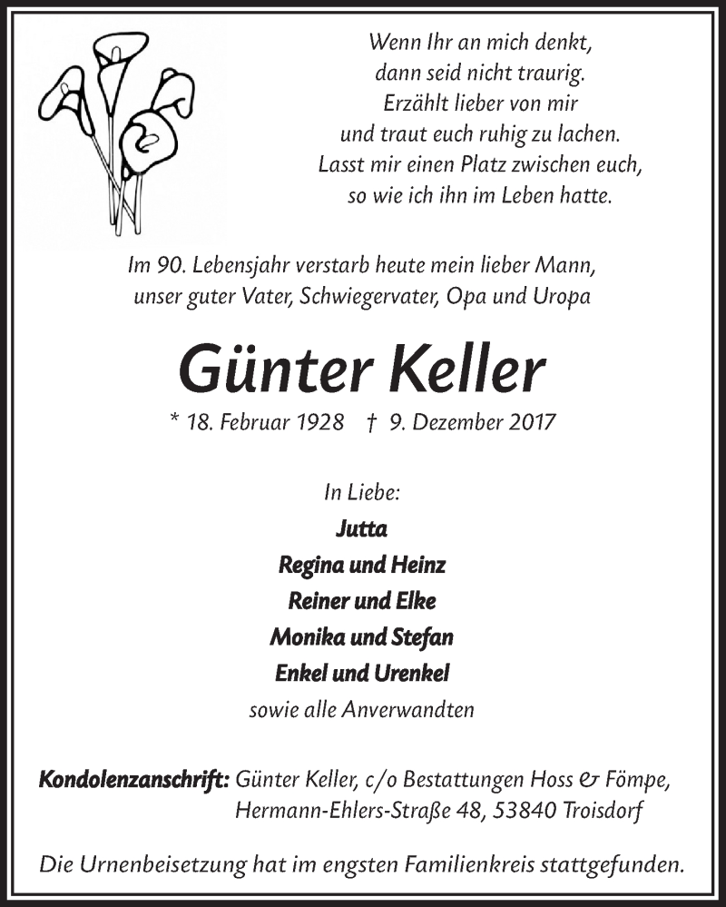  Traueranzeige für Günter Keller vom 20.12.2017 aus  Extra Blatt 